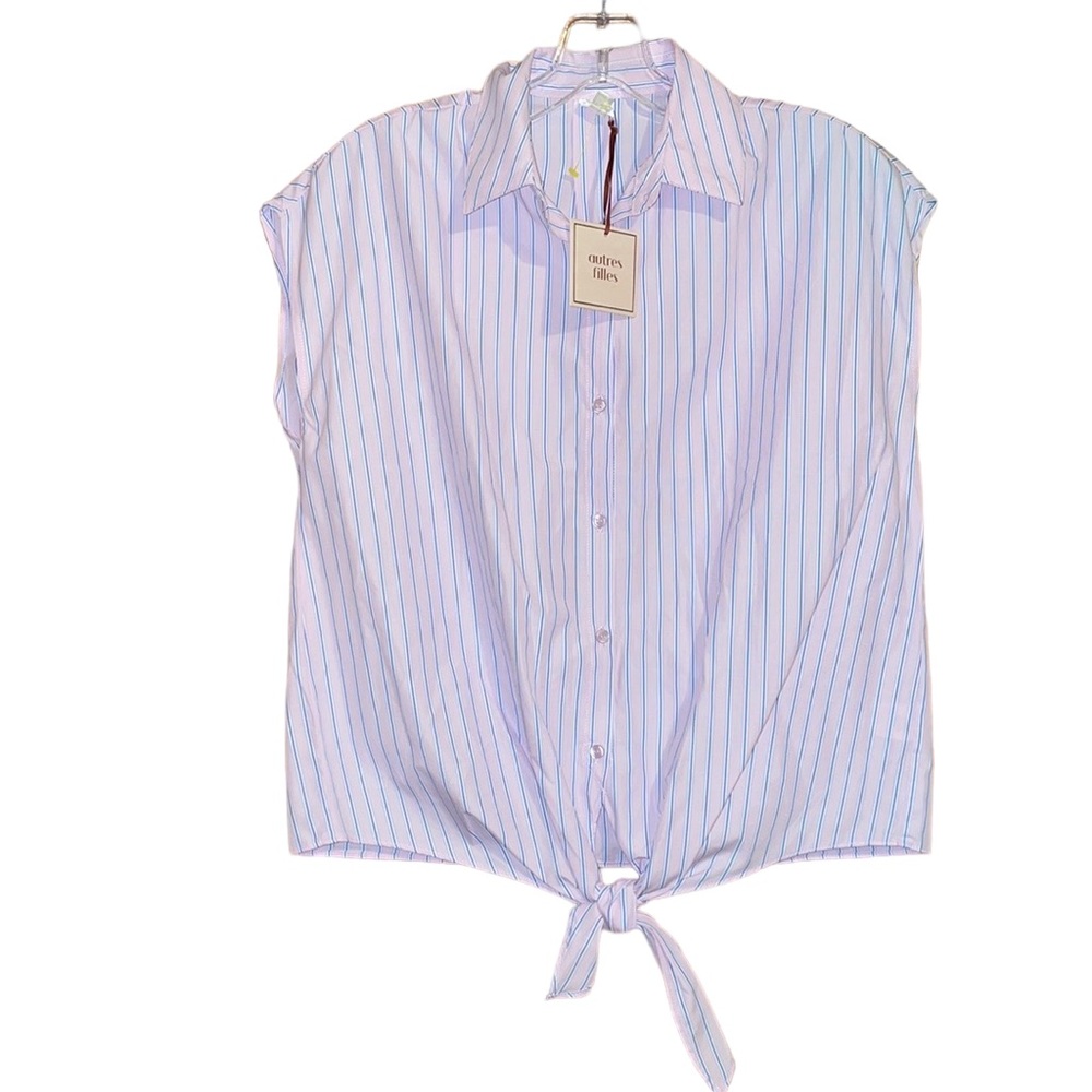 •AUTRES FILLES•NWT TIE ME BUTTON DOWN  PIN STRIPE PINK/BLUE BLOUSE SIZE MEDIUM
